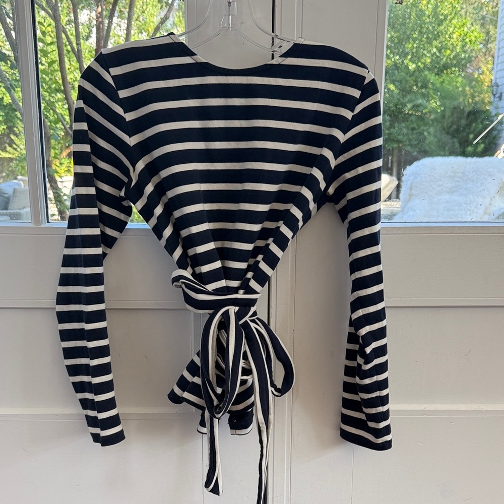 J.Crew Navy and White Striped Wrap Women's Top